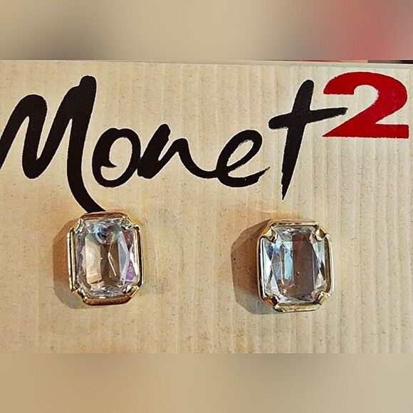 #Monet? Emerald Cut Clear Stone Rectangular Gold Tone Studs - Picture 4 of 6